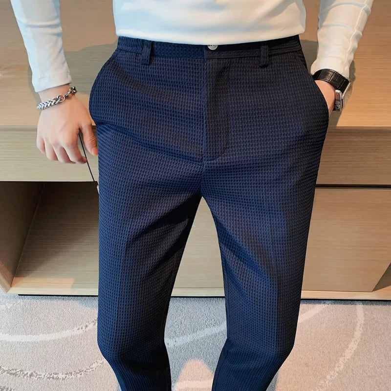 Autumn Waffle Stretch Waist Slim Fit Formal Pants for Men – Ideal for Weddings and Social Events
