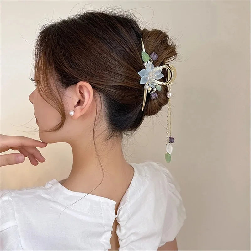 New Bell Orchid Flower Pearl Tassel Clip - Women's Ponytail Shark Hair Grab