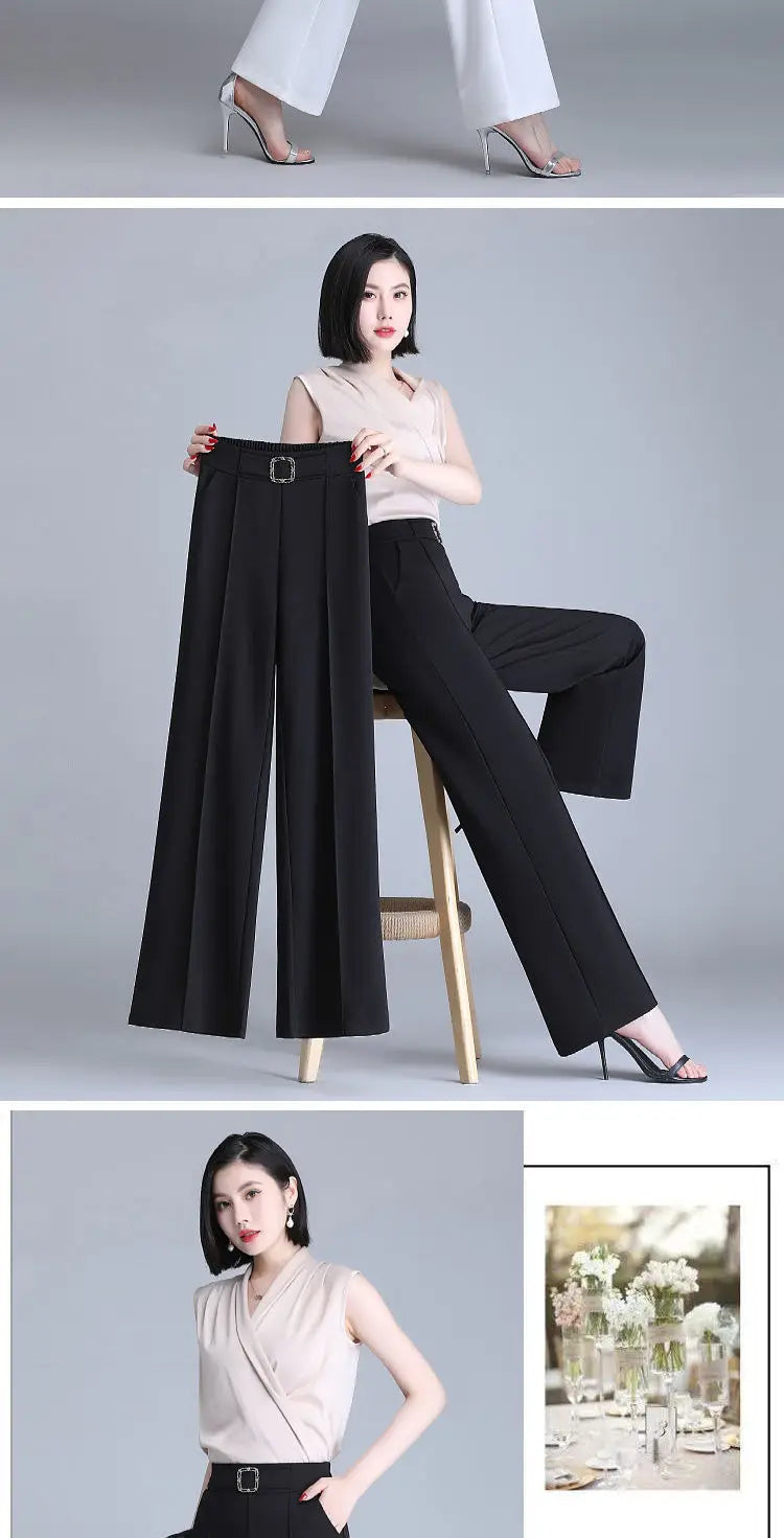 Khaki High-Waist Ice Silk Wide-Leg Trousers - Summer Design, Elegant Elastic Waist Baggy Pants for Women