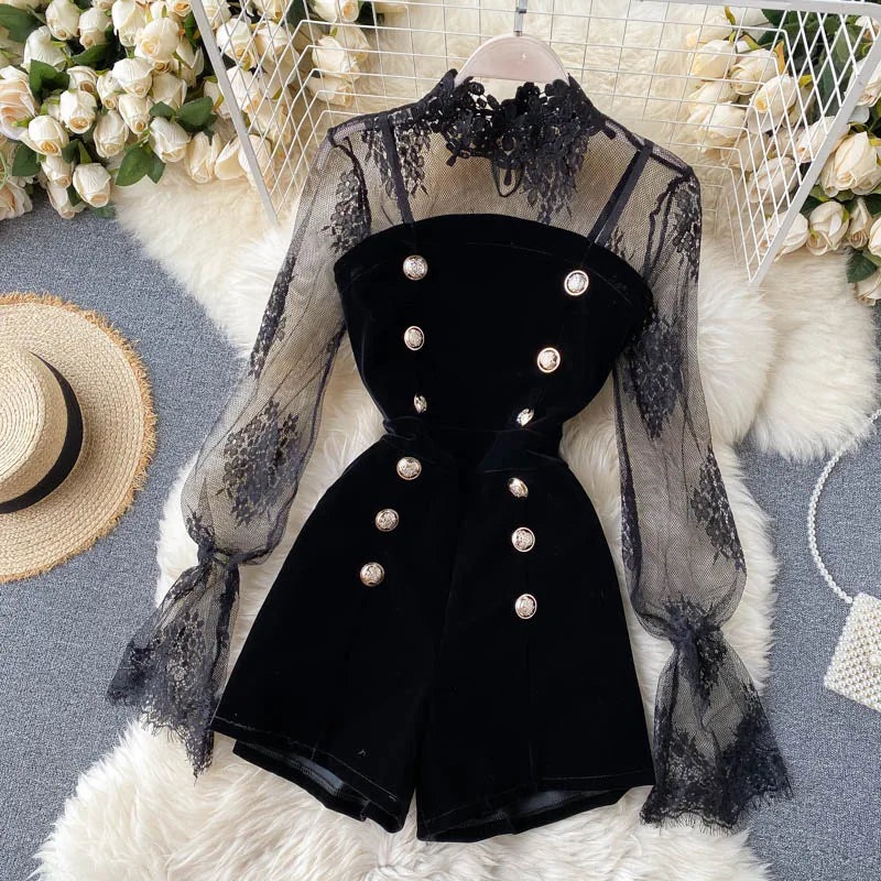 Puff Sleeve Lace Double Breasted Boho Jumpsuit for Women