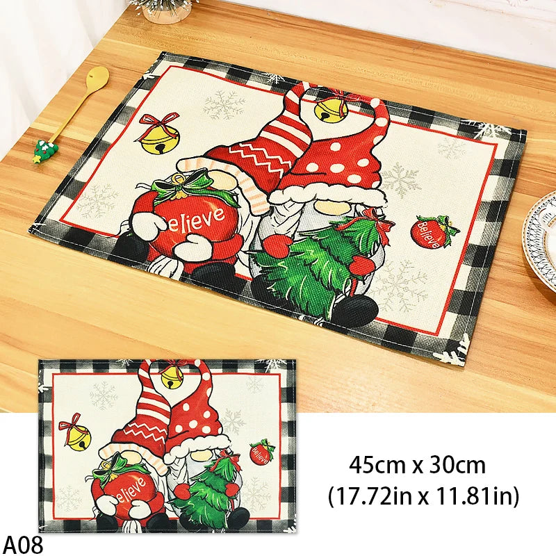 1/2pcs Linen Christmas Placemats – 30x45cm Buffalo Plaid Snowman Gnome Table Mats for Home Decor