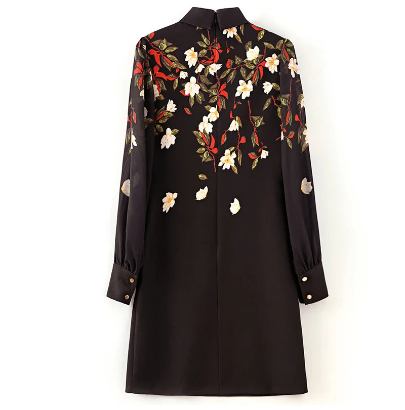 Women's Black Floral Print A-Line Dress - Autumn 2024 Elegant Chiffon Long Sleeve