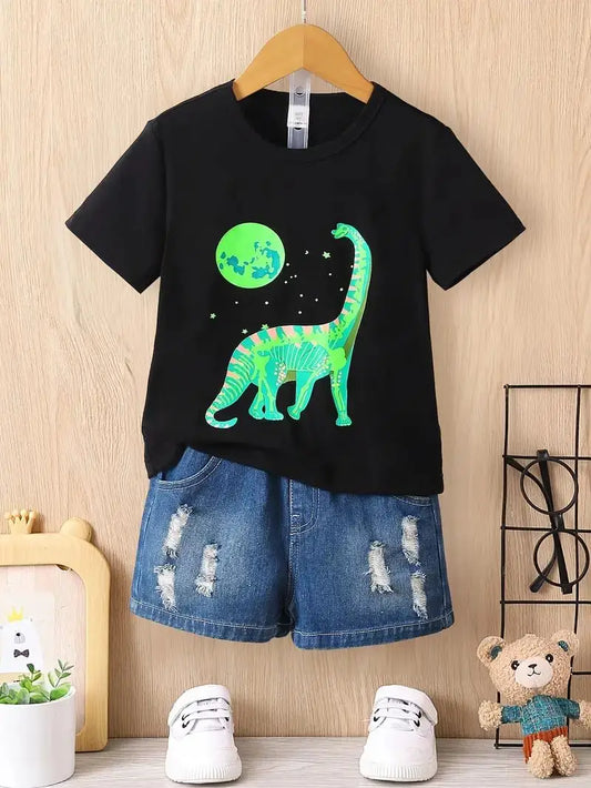 Cartoon Dinosaur & Planet Print Boy's Casual T-Shirt