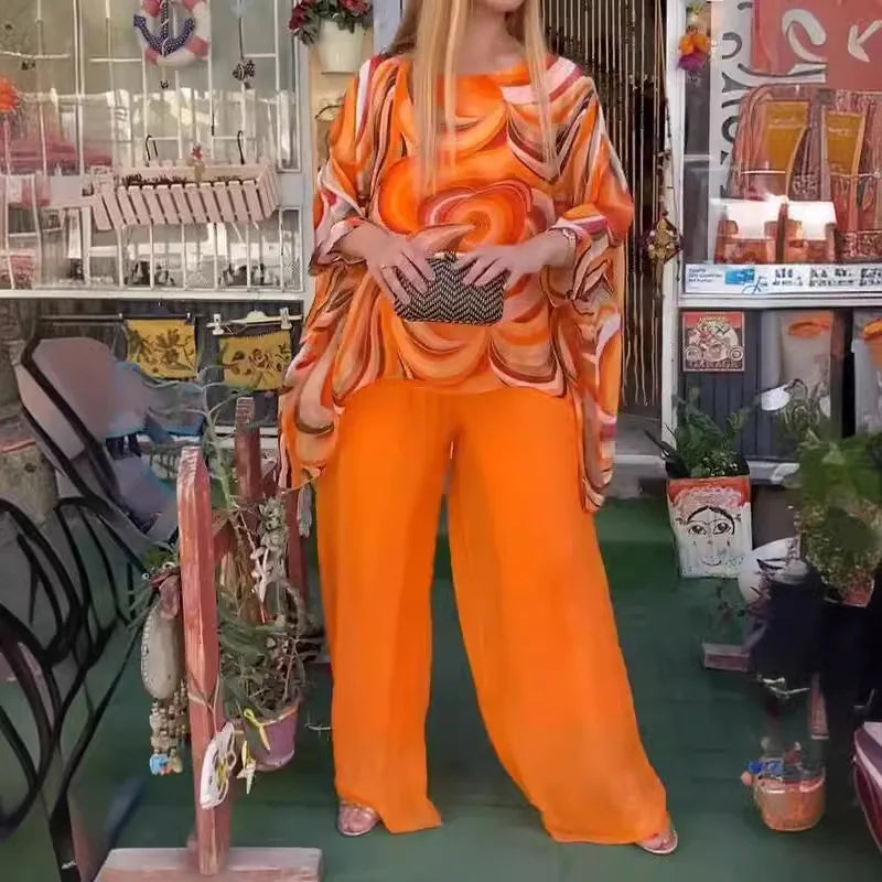 Women's Chiffon Printed Two-Piece Set – Elegant Long Sleeve Top & Wide Leg Pants