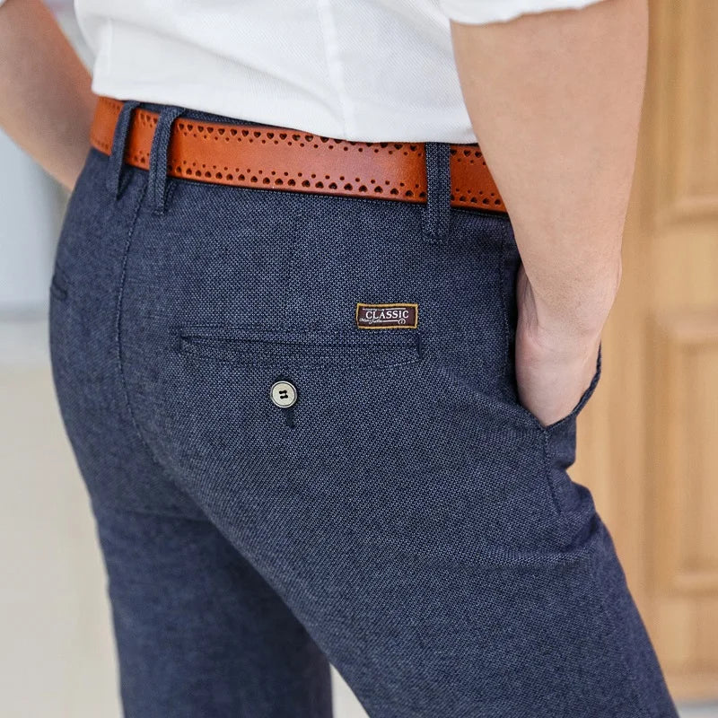 Men's Slim Casual Pants Fashion Business Stretch Trousers Male Brand Plaid Pant Black Blue