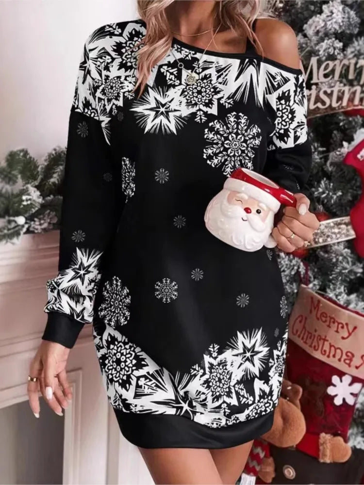 Christmas Snowflake Off-Shoulder Dress – Sexy Skew Collar, Loose Long Sleeve Winter Style