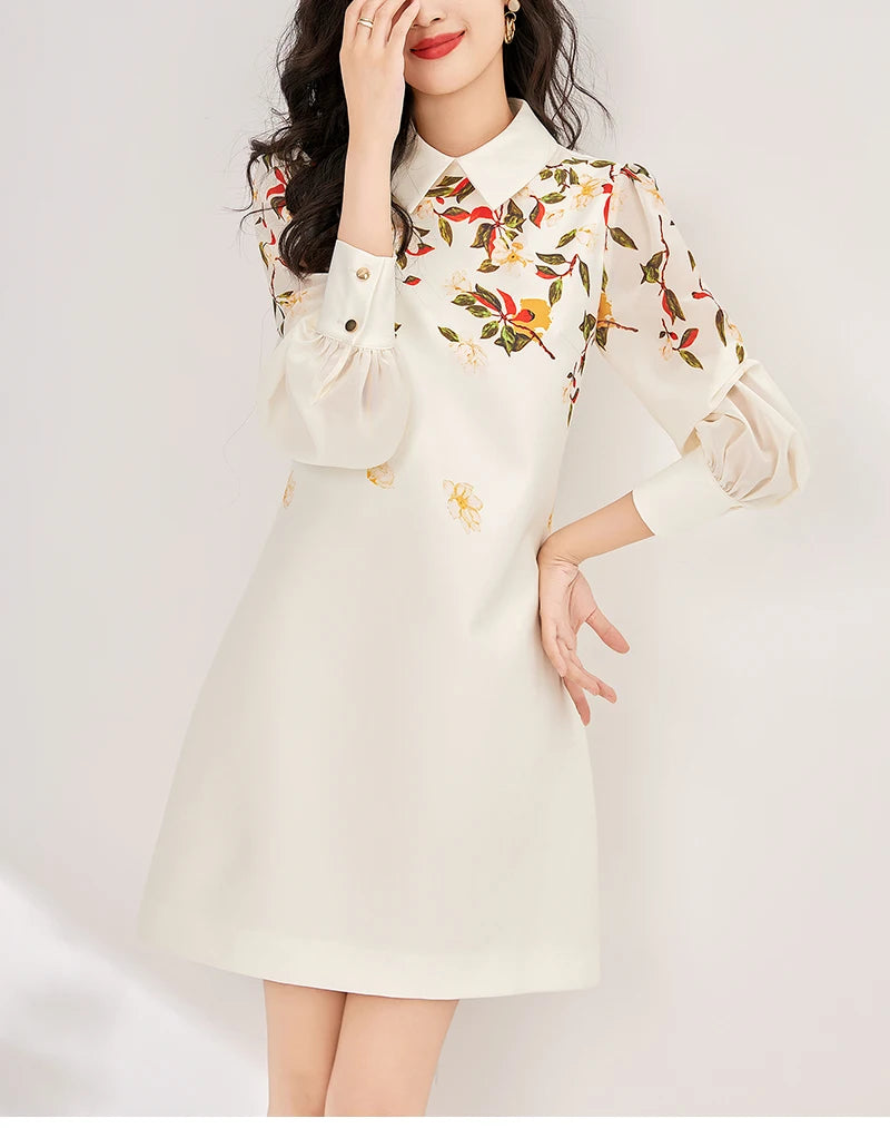 Women's Black Floral Print A-Line Dress - Autumn 2024 Elegant Chiffon Long Sleeve