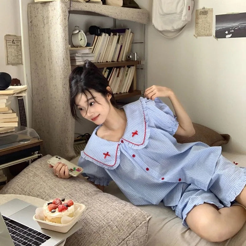 Plaid Women's Summer Pajama Set - Button Sleepwear with Peter Pan Collar