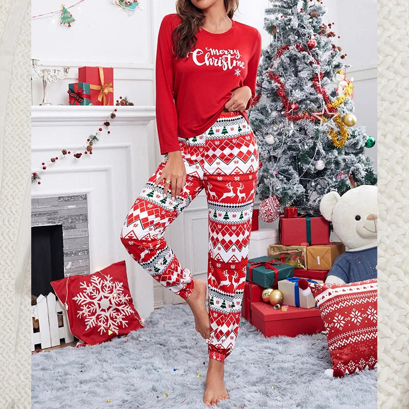2Pcs Women's Christmas Print Long Sleeve Pajama Set
