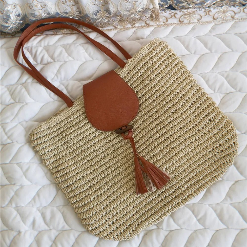 Summer Straw Woven Beach Bag Rattan Ladies Purses Handbag Wrist Pack Women Handle Female Bucket Tote Bags Knit Travel Bags