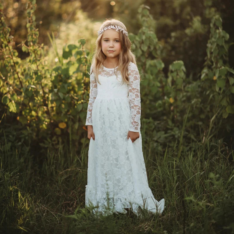 Flower Girl Dress: Long Sleeve White & Beige Summer Dress