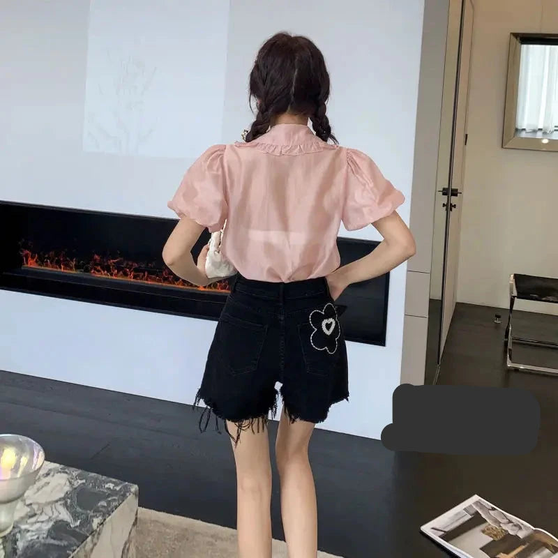 Embroidered Flower Love Denim Shorts