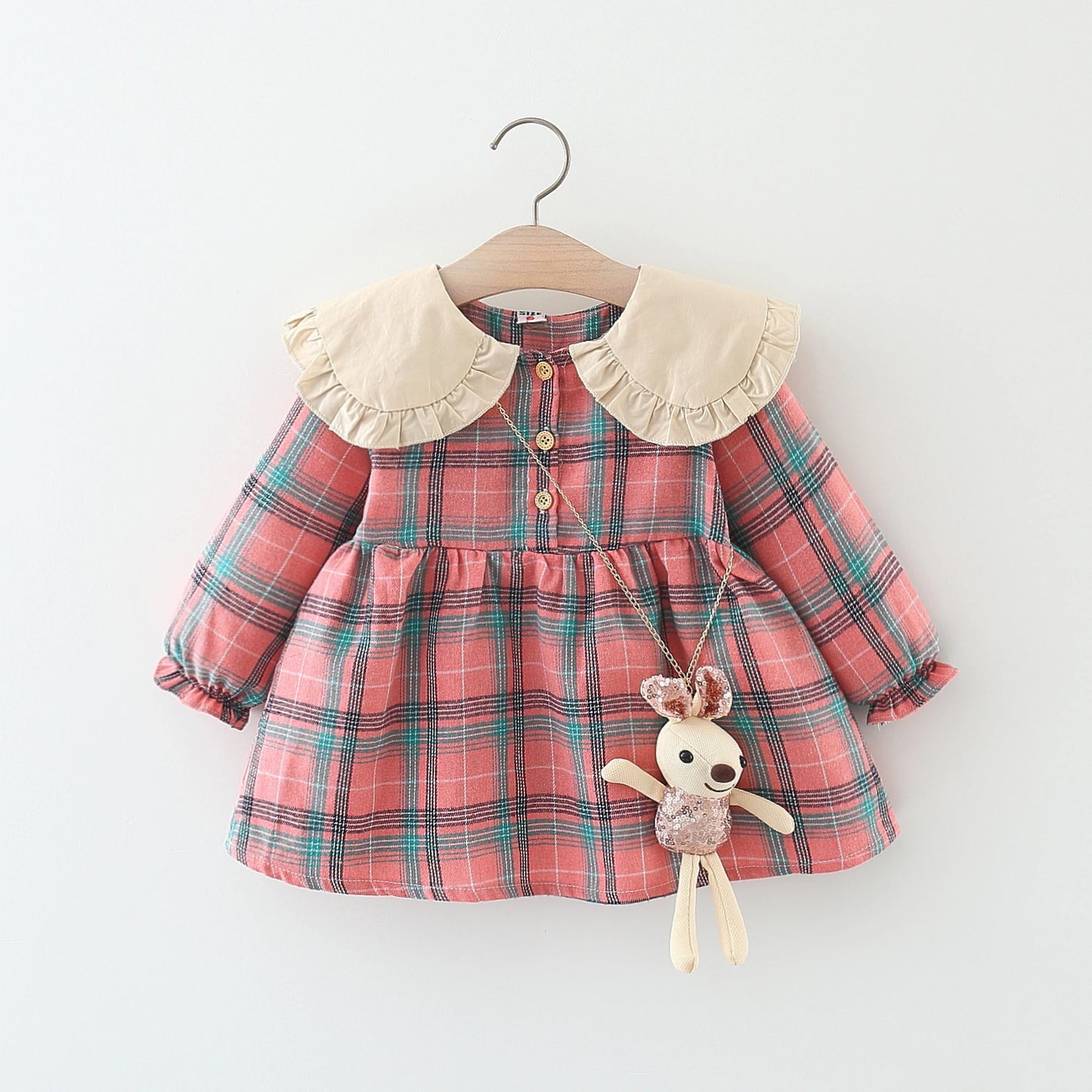 Autumn Girls' Plaid Polo Dress - College Style with Rabbit