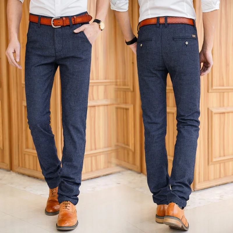 Men's Slim Casual Pants Fashion Business Stretch Trousers Male Brand Plaid Pant Black Blue
