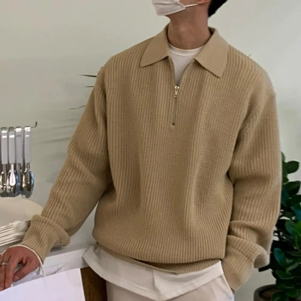 Men's Lapel Sweater – Knitted Zipper Pullover, Soft, Warm, Mid-Length, Lightweight Casual Fall/Winter Wear