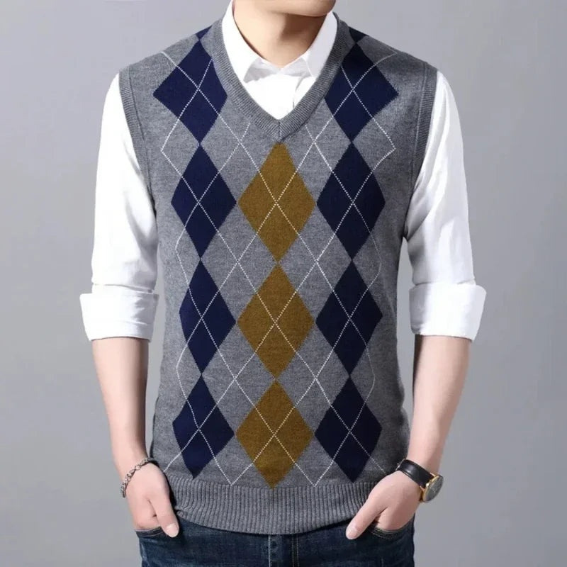 Men's Business Casual Pullover Wear Warm Sleeveless Wool Knitted Sweater Plaid Vest Tops