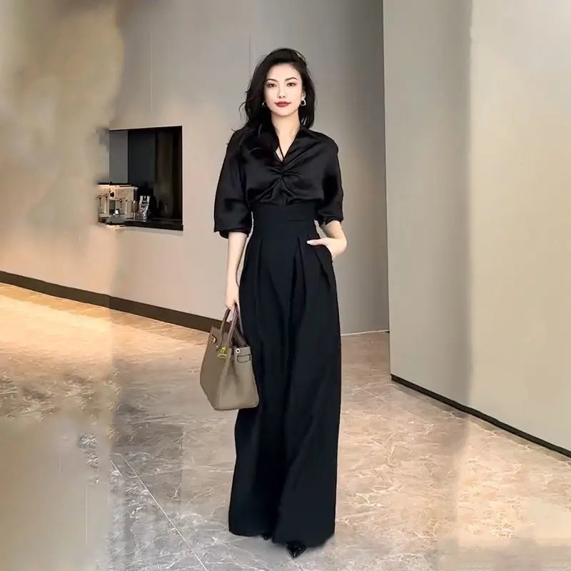 Women's Black Wide-Leg Pants, High-Waisted, Loose, Casual Straight Trousers