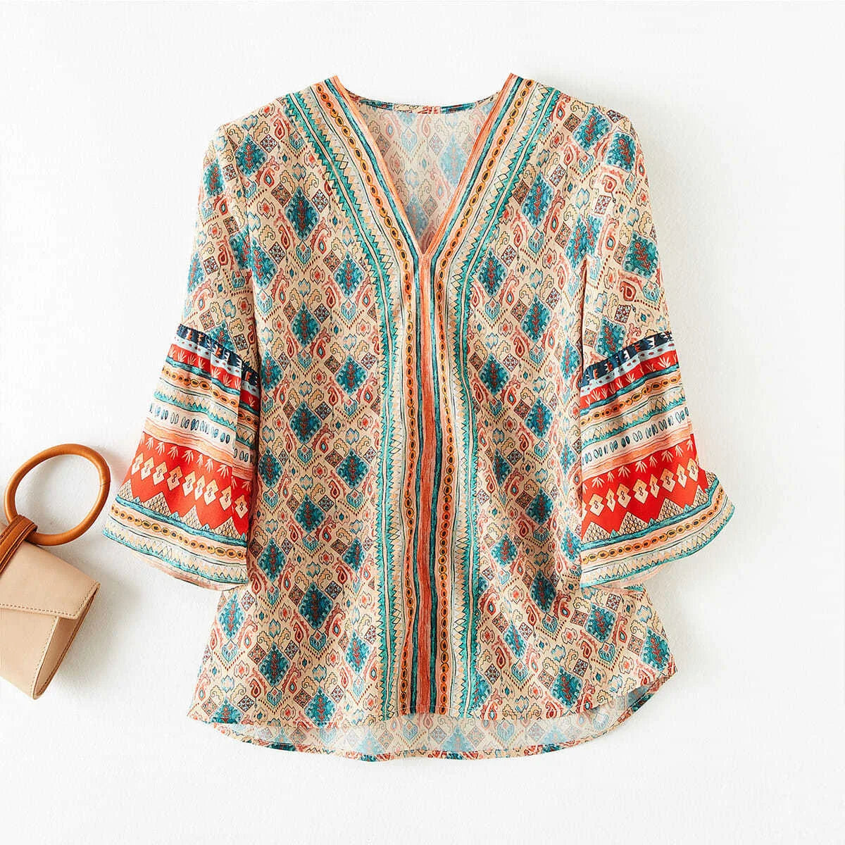 Vintage Style V-Neck Chiffon Blouse – Half Flare Sleeve, Printed Casual Top