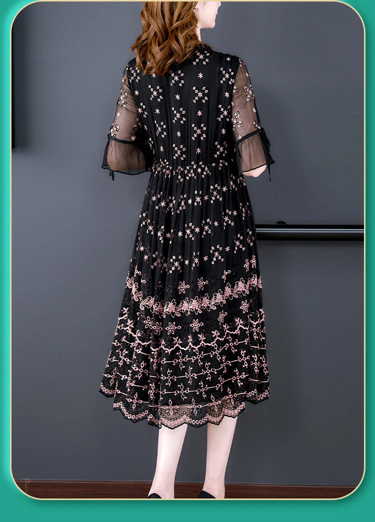 Black Embroidered Mulberry Silk Midi Dress – Hollow Out, Light, Elegant, Vintage Korean Style