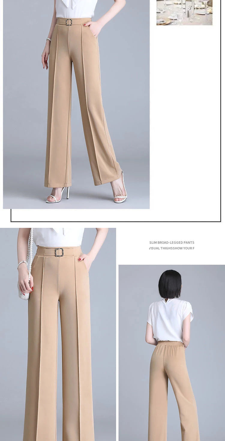 Khaki High-Waist Ice Silk Wide-Leg Trousers - Summer Design, Elegant Elastic Waist Baggy Pants for Women