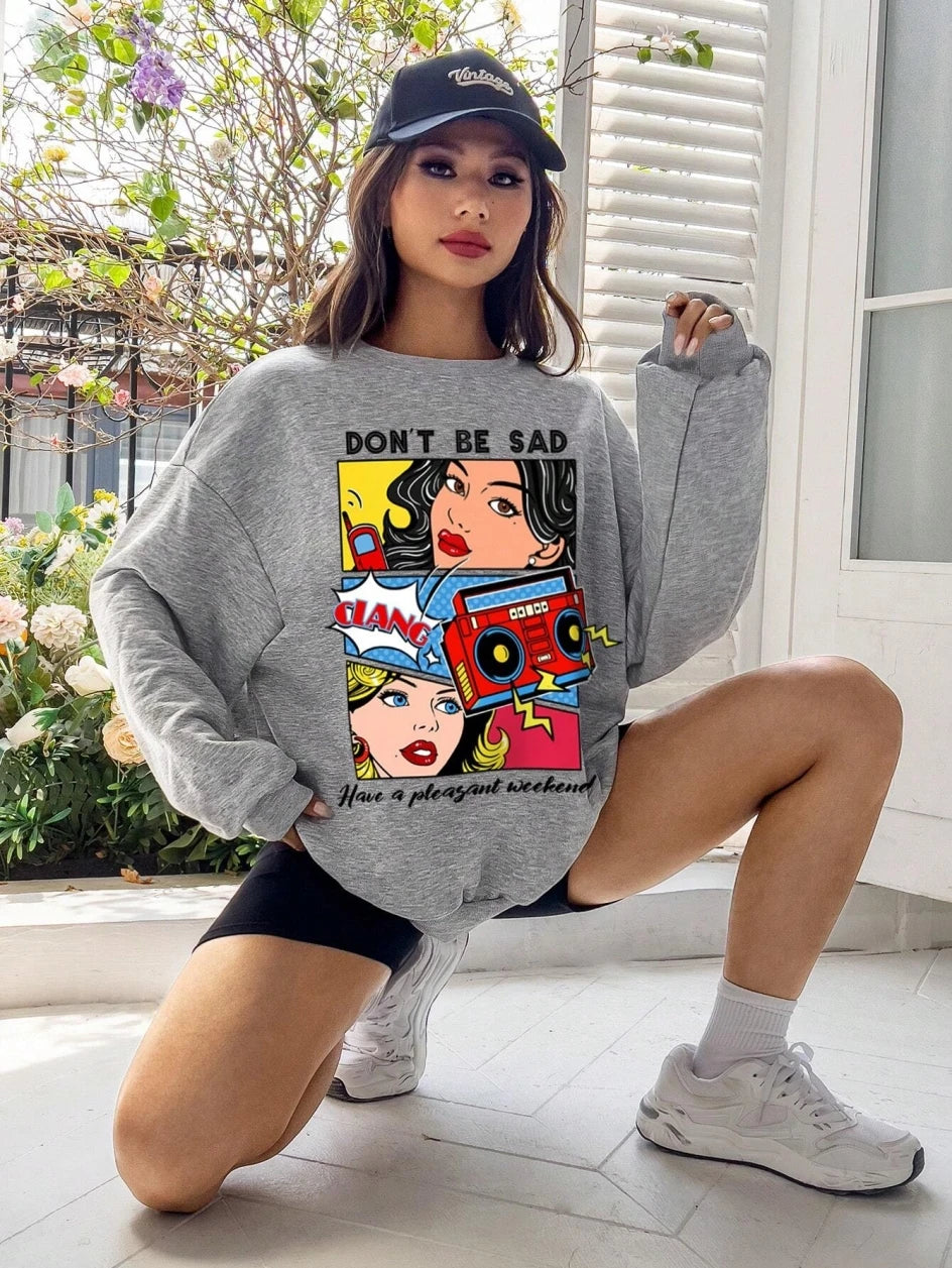 Women's Cartoon Print Crewneck Sweatshirt – Casual Loose Fleece