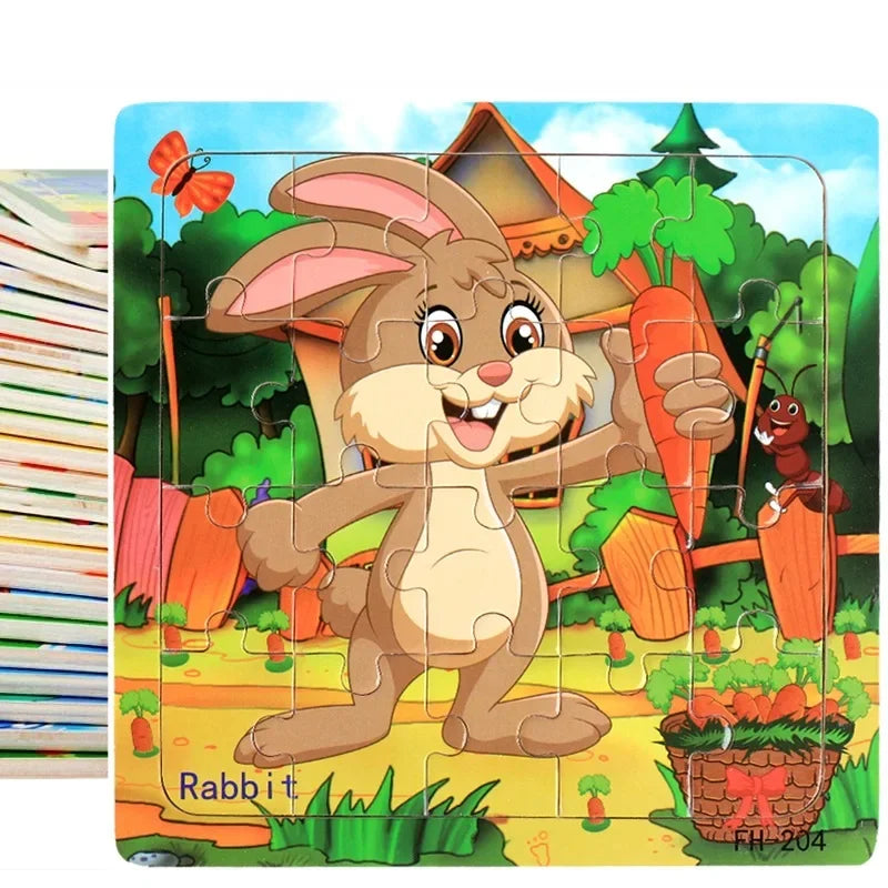 Mini Montessori 3D Wooden Puzzle – 20-Piece Cartoon Animal & Vehicle Jigsaw Educational Toy for Early Learning