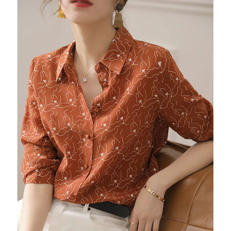 Vintage Printed Lapel Shirt – Loose All-Match Long Sleeve Blouse for Autumn Office Wear