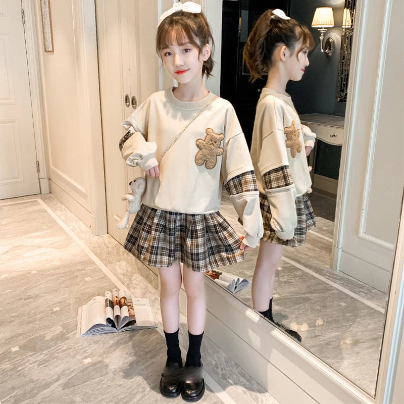 Adorable Bear Sweatshirt & Plaid Skirt Set for Girls
