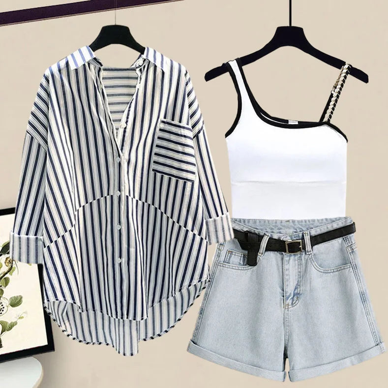Striped Sunscreen Shirt & Denim Shorts 3-Piece Set - Spring/Summer Women's Fashion