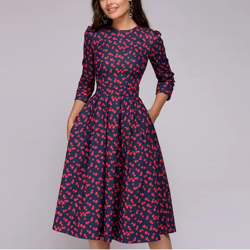 Spring Autumn Office Lady Knee Length Elegant Vintage Long Sleeve Party Dresses Women Floral Printed Dress