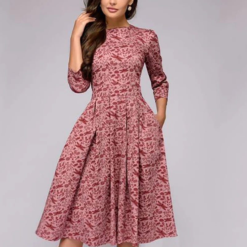 Spring Autumn Office Lady Knee Length Elegant Vintage Long Sleeve Party Dresses Women Floral Printed Dress