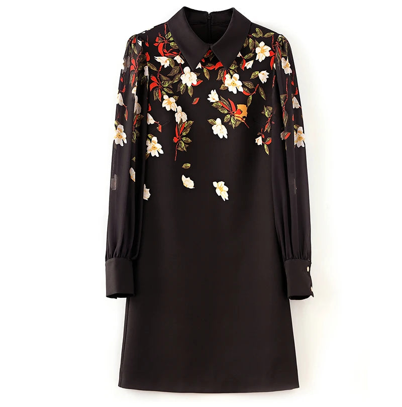Women's Black Floral Print A-Line Dress - Autumn 2024 Elegant Chiffon Long Sleeve