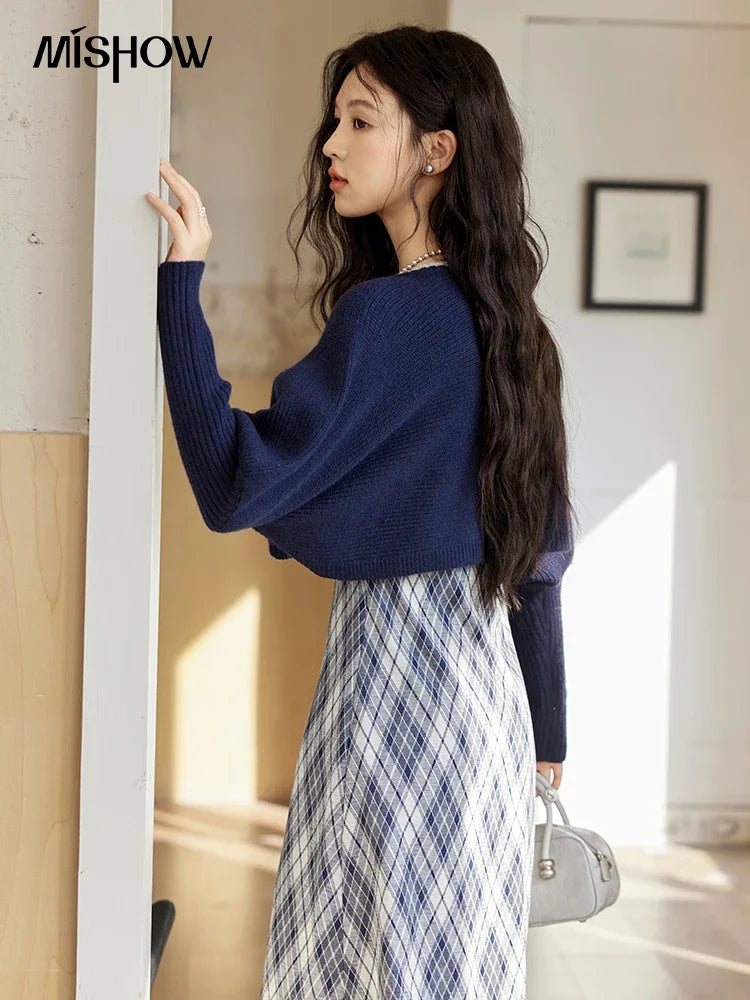 French Vintage Plaid Dress & Knit Cardigan Set for Women
