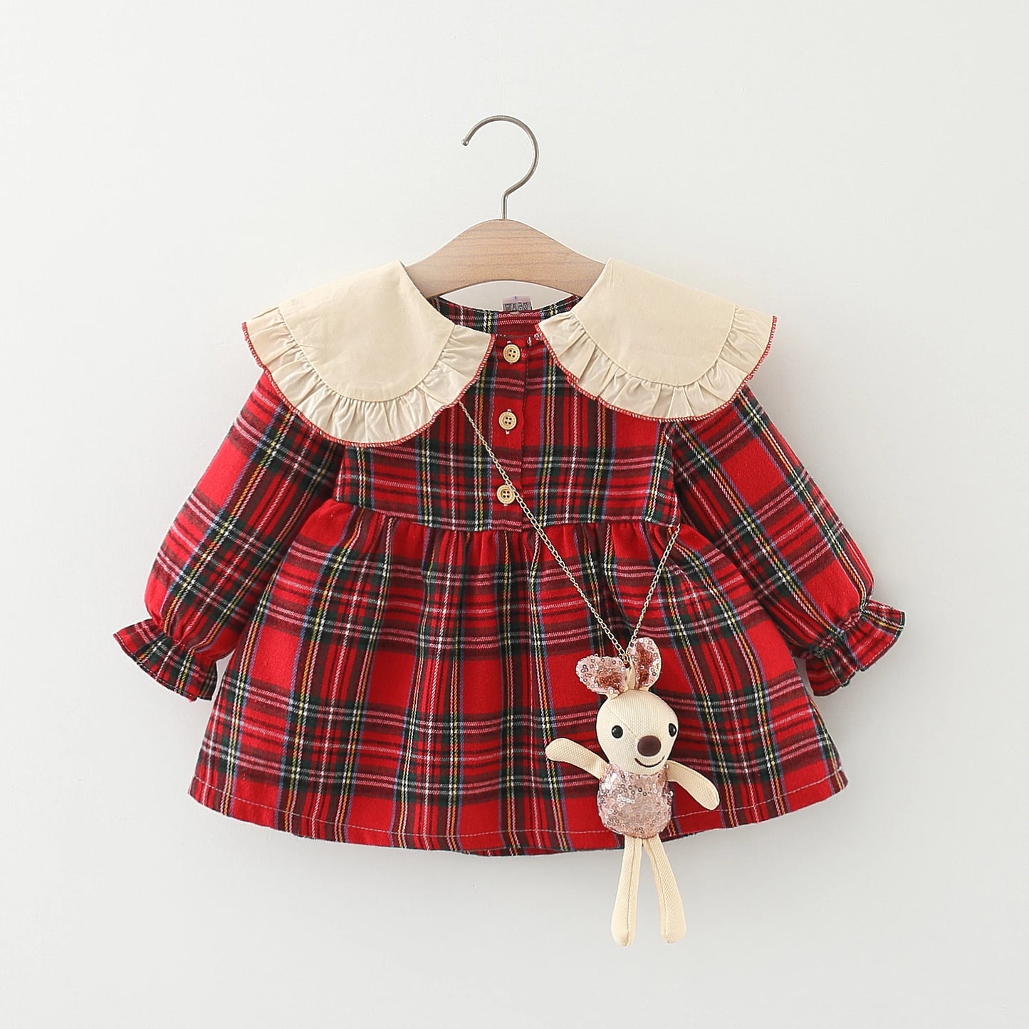 Autumn Girls' Plaid Polo Dress - College Style with Rabbit