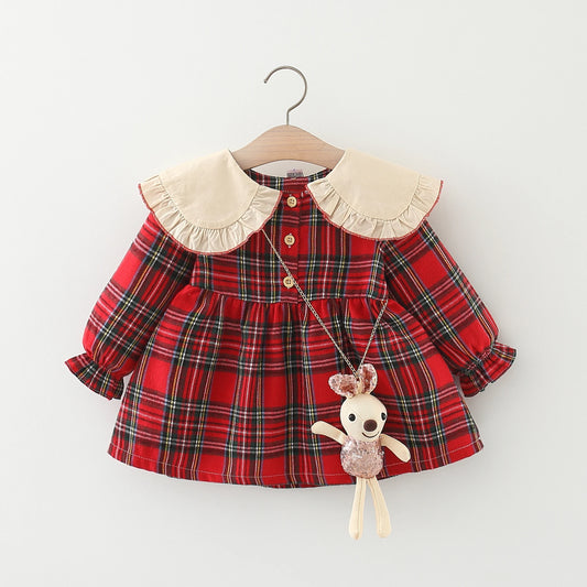 Autumn Girls' Plaid Polo Dress - College Style with Rabbit