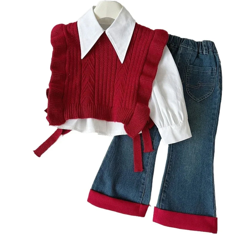 3-Piece Girls' Autumn Winter Outfit Set – Long Sleeve Shirt, Knitted Sweater Vest, and Jeans for Toddlers