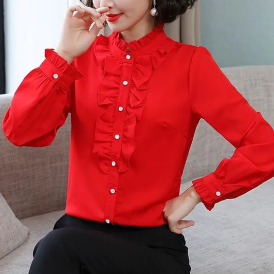 Women's Chiffon Shirt – Standing Collar, Ruffle Patchwork, Long Sleeve for Spring/Autumn