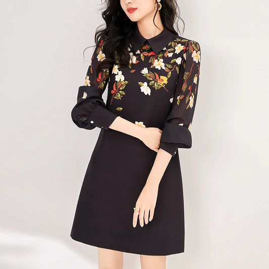 Women's Black Floral Print A-Line Dress - Autumn 2024 Elegant Chiffon Long Sleeve