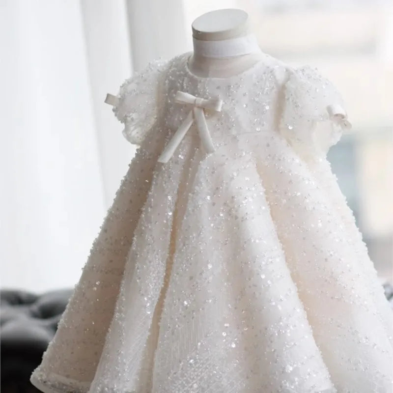 Baby Girl Princess Sequins Tulle Dress – Puff Sleeve Party Dress with Bow for Infants and Toddlers (1-7 Years)