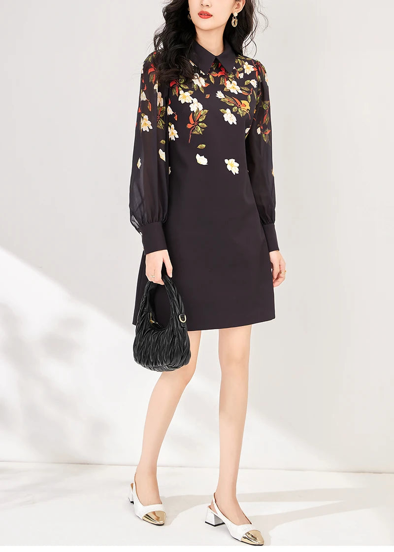Women's Black Floral Print A-Line Dress - Autumn 2024 Elegant Chiffon Long Sleeve