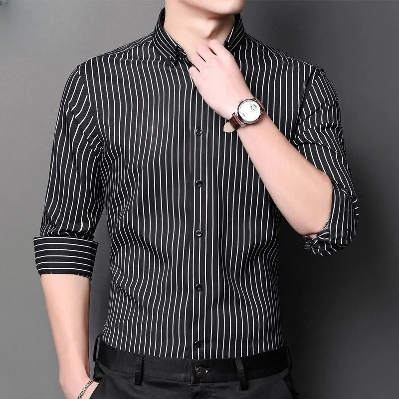 Men's Stretch Long Sleeve Shirt with Colorful Stripes – Soft, Breathable, Business Casual Style