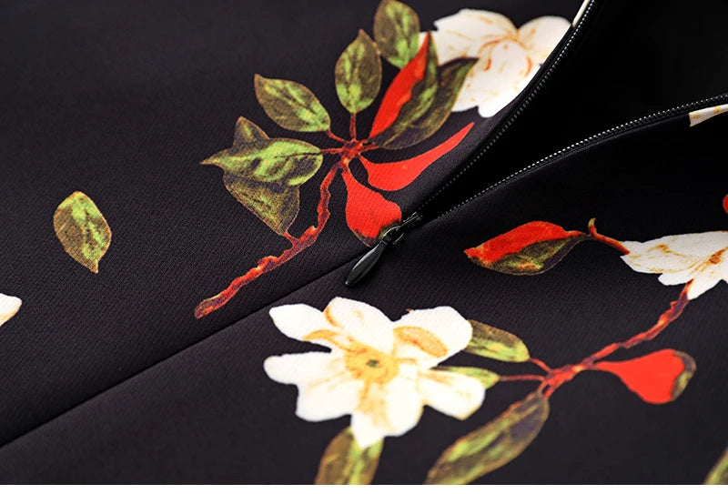 Women's Black Floral Print A-Line Dress - Autumn 2024 Elegant Chiffon Long Sleeve