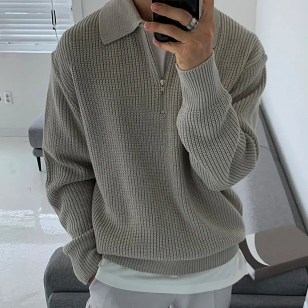 Men's Lapel Sweater – Knitted Zipper Pullover, Soft, Warm, Mid-Length, Lightweight Casual Fall/Winter Wear