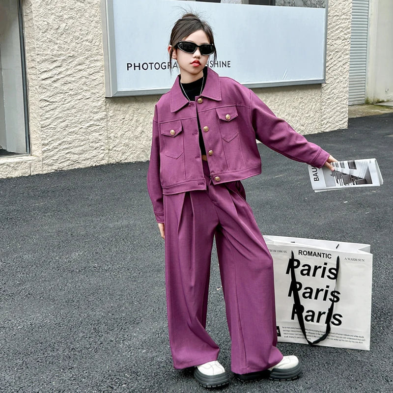 Autumn Girls' 2-Piece Set: Short Jacket & Wide Leg Pants for School