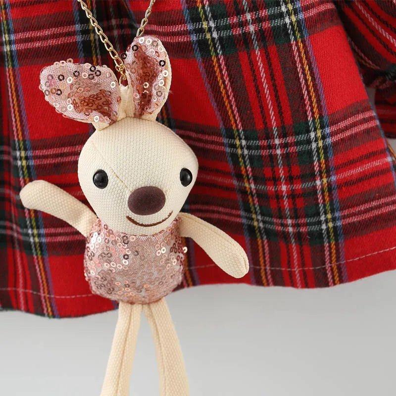 Autumn Girls' Plaid Polo Dress - College Style with Rabbit