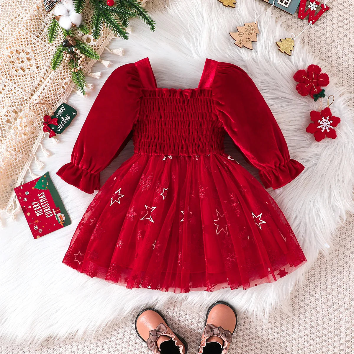New Autumn/Winter Christmas Dress – Bubble Sleeve Splicing Mesh Dress for Girls