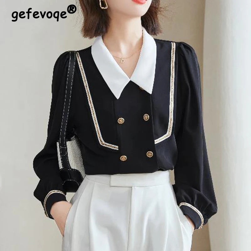 Women’s Korean Fashion Lace Patchwork Shirts – Elegant Long Sleeve Blouses for Office and Casual Wear