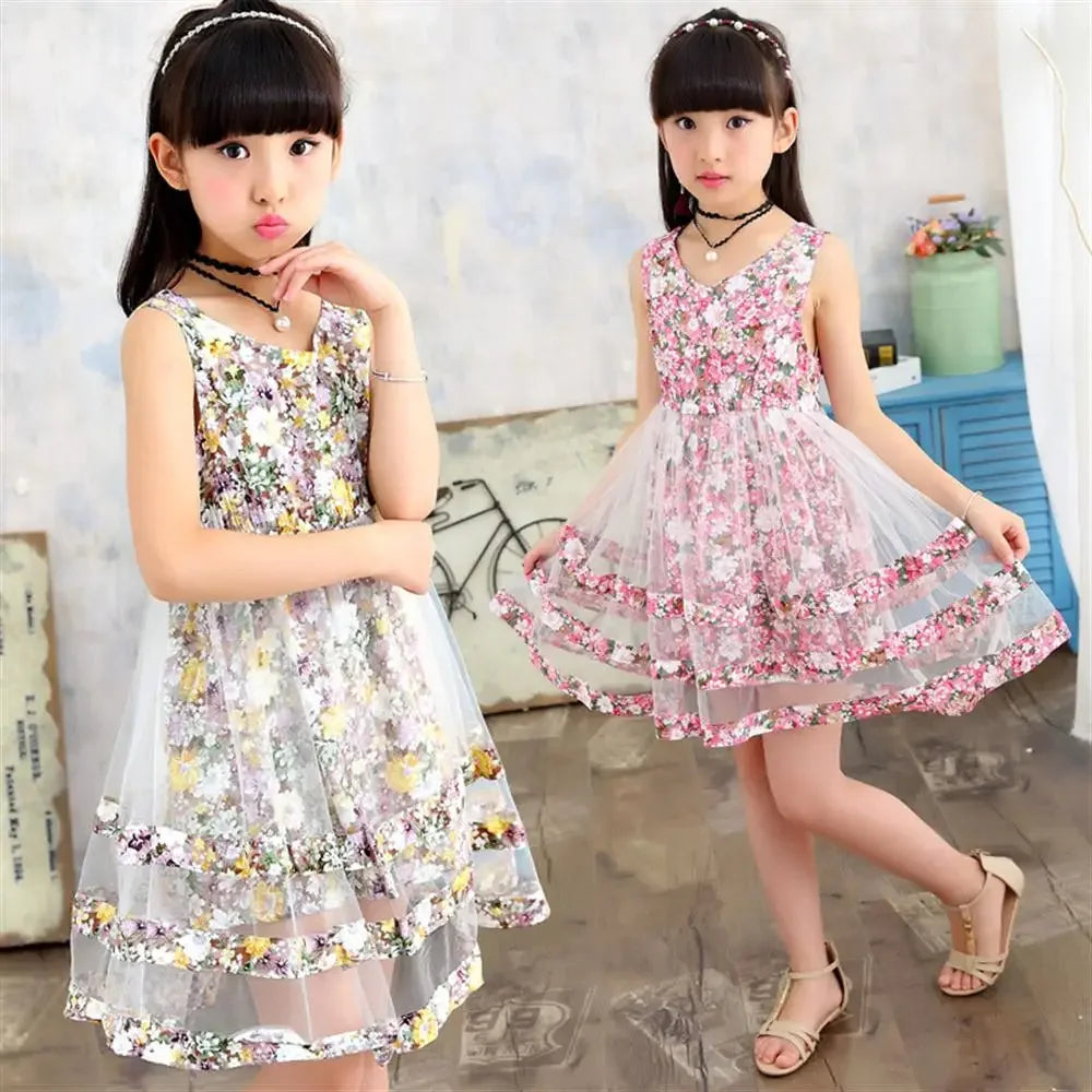 2024 Girls' Mesh Summer Dress – Fashionable Flower Dress for Ages 3-12