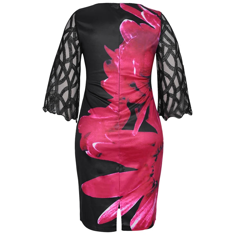 Women's Summer Floral Print Dress – Elegant Mesh Sleeve, Casual Birthday/Party Dress, 3XL/4XL