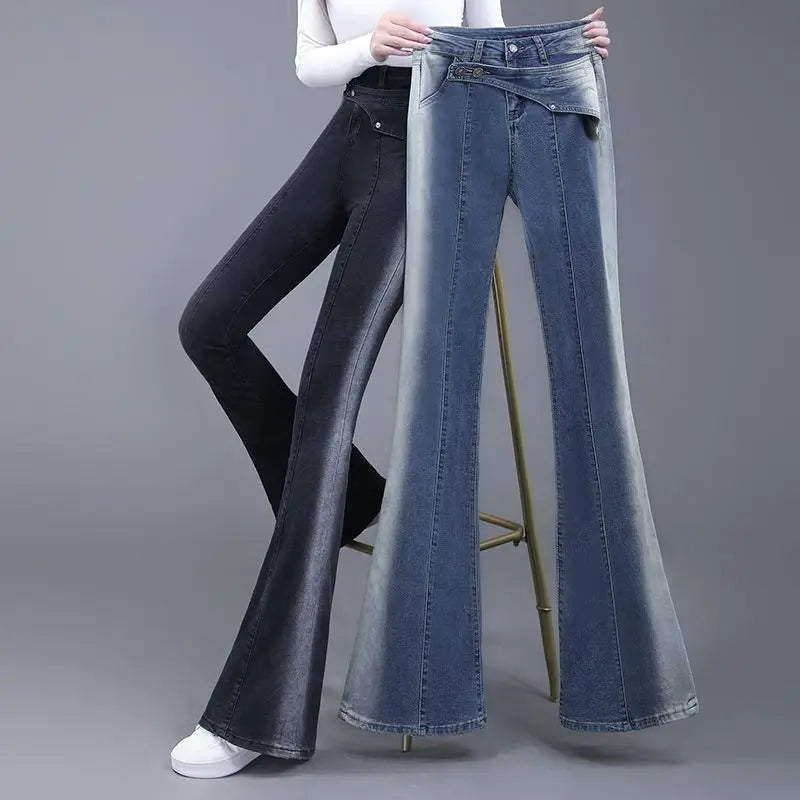 Vintage Gradient Black Slim Flare Jeans – High Waist, Casual.